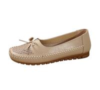 New UK 7.5 Loafers Flats for Women Ladies Bow Tie Moccasins Synthetic Leather Slip-On Comfy Walking Shoes Flats Nurse Driving Shoes with Flexible Rubber Grip Sole Gift Footwear Beige