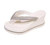 New UK 7.5 Platform Flip-Flops Ladies Women's High Heel Wedge Bling Rhinestone Flip Flops Sandals Arch Support Comfortable Slip-On Casual Platform Summer Thong Sandals White Footwear Gift