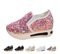 New UK 7.5 Womens Glitter Slip On Trainers Sequin Shoes for Women Walking Work Shoes Hidden Wedge High Top Walking Sneakers Summer Fall Gift Footwear Pink