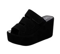 New UK 7 High Heeled Wedge Slippers Sandals Women Peep Toe Platform Light Weight Non Slip Indoor Outdoor Slide On Sandals Faux Suede Dress Summer Slippers Shoes Gift Footwear Black