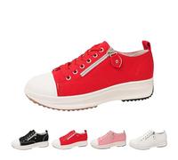 New UK 7 Womens Platform Canvas Trainers Ladies Grip Sole Low Top Chunky Platform Wedge Lace Up Casual Sneakers Shoes Walk Casual Daily Wear Plimsoles with Zip Decor Gift Footwear Red