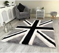NEW UNION JACK FLAG DESIGN LUXURIOUS THICK PILE RUG MODERN SOFT SILKY CONTEMPORARY SHAGGY RUGS MATS UK (120x170cm, Black Grey Cream Union Jack)