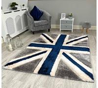 NEW UNION JACK FLAG DESIGN LUXURIOUS THICK PILE RUG MODERN SOFT SILKY CONTEMPORARY SHAGGY RUGS MATS UK (120x170cm, Navy Grey Cream Union Jack)