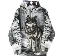 New Unisex Design Wolf Printed Soft Fleece EXTRA Thick Heavy Weight Fur lined Hooded Full Zip UK Sizes M-3XL (3XL, BLACK/GREY)