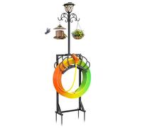 New Upgraded 3-in-1 Garden Hose Holder with Solar Light & Shepherds Hooks | Stores 160" Hose, Freestanding with Double Hooks for Hanging Decor - Perfect for Outdoor Yard, Lawn & Patio at Night