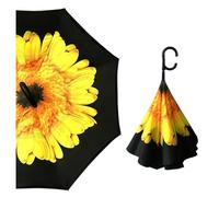 New Version Auto Opening Double Layer Folding Inverted Umbrella, Self Stand Upside-down Rain Protection Car Reverse Umbrellas with C-shaped Handle Big Straight Umbrella (Sun Flower)