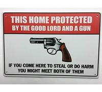 New Vintage Retro Metal Tin Sign No Trespassing Warning Protected by The Lord and This Gun Street Garage & Home Bar Club Kitchen Hotel Wall Decor Metal Plaque Sign 12X8Inch