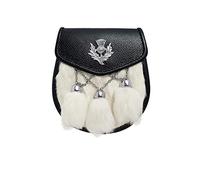 New White Fur Kilt Sporran With 3 tassels Formal Leather Thistle Crest Antique Silver CROWM Tassels Sporran