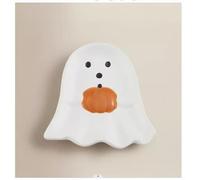 New White Halloween Ghost Soap Dish - Cute Ceramic Ghost Design with Pumpkin Accent - Earthenware Bathroom Accessory for Spooky Seasonal Decor -D26
