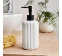 New White Stylish Ribbed Design Ceramic Ribbed Soap Dispenser With Robust Black Plastic Pump Great For Storing Various Bathroom Liquids And Lotions Any Modern Bathroom Decor -M20