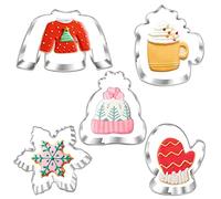 New Winter Christmas Cookie Cutter Set-5 Piece-Ugly Sweater, Hat, Mitten, Snowflake, Coffee Mug Cookie Fondant Biscui Cutters for Ugly Vintage Christmas Thanksgiving