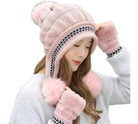 New Winter Knit Chunky Headbands for Women Hat Gloves Set Keep Warm Knitted Fur Ball Decoration Beanies Glove 2 Pieces Set For (Color:Pnnrk)