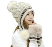 New Winter Knit Chunky Headbands for Women Hat Gloves Set Keep Warm Knitted Fur Ball Decoration Beanies Glove 2 Pieces Set For (Color:Beige)