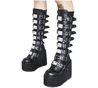 New Women Knee High Boots UK Clearance Platform Goth Boots Synthetic Leather Evening Long Boots Female Shoe Girls High Wedge Motorcycle Boots Ladies Thigh High Boots Gothic Buckles Biker Booties