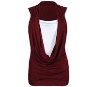 New Womens Cowl Gathered Neckline Contrast Insert Ladies Sleeveless Stretch Long Vest T-Shirt Top Burgundy Size 12 - 14