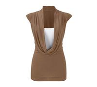 New Womens Cowl Gathered Neckline Contrast Insert Ladies Sleeveless Stretch Long Vest T-Shirt Top Mocha
