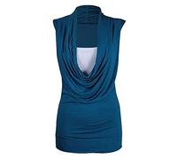 New Womens Cowl Gathered Neckline Contrast Insert Ladies Sleeveless Stretch Long Vest T-Shirt Top Plain Solid Colors Outdoor Indoor Shirt Fancy Party Wear Top Teal