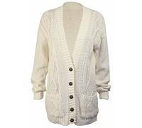 New Womens Everyday Long Sleeve Button Top Ladies Chunky Aran Cable Knit Grandad Cardigan Cream Size 12 - 14