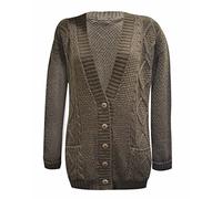 New Womens Everyday Long Sleeve Button Top Ladies Chunky Aran Cable Knit Grandad Cardigan Dark Brown Size 8 - 10