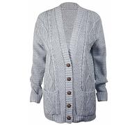 New Womens Everyday Long Sleeve Button Top Ladies Chunky Aran Cable Knit Grandad Cardigan Light Grey Size 12 14