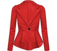 New Womens Fitted Dip Hem Peplum Style Ladies Button Blazer Jacket, Red, UK 16
