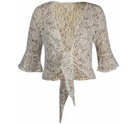 New Womens Floral Lace 3/4 Three Quarter Short Sleeve Ladies Front Tie Up Sequin Shrug Bolero Stretch Cropped Top Cardigan Plus Size Cream Size 16-18