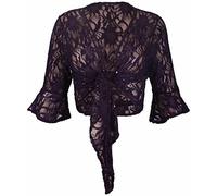 New Womens Floral Lace 3/4 Three Quarter Short Sleeve Ladies Front Tie Up Sequin Shrug Bolero Stretch Cropped Top Cardigan Plus Size Purple Size 20 - 22