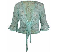 New Womens Floral Lace 3/4 Three Quarter Short Sleeve Ladies Front Tie Up Sequin Shrug Bolero Stretch Cropped Top Cardigan Plus Size Light Green Size 12-14