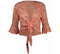 New Womens Floral Lace 3/4 Three Quarter Short Sleeve Ladies Front Tie Up Sequin Shrug Bolero Stretch Cropped Top Cardigan Plus Size Peach Size 20-22