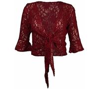 New Womens Floral Lace 3/4 Three Quarter Short Sleeve Ladies Front Tie Up Sequin Shrug Bolero Stretch Cropped Top Cardigan Plus Size Red Size 24-26