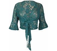 New Womens Floral Lace 3/4 Three Quarter Short Sleeve Ladies Front Tie Up Sequin Shrug Bolero Stretch Cropped Top Cardigan Plus Size Jade Green Size 16 - 18