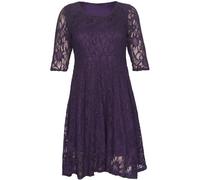 New Womens Floral Lace Lined Three Quarter 3/4 Sleeve Scoop Neck Ladies Skater Style Mini Party Dress Plus Size Purple Size 14
