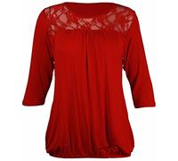 New Womens Floral Lace Neckline 3/4 Short Sleeve Ladies Ruched Gathered Stretch T-Shirt Trim Top Plus Size Red Size 26 - 28