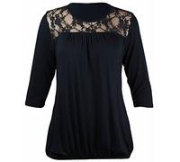 New Womens Floral Lace Neckline 3/4 Short Sleeve Ladies Ruched Gathered Stretch T-Shirt Trim Top Plus Size Black Size 14