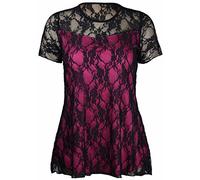 New Womens Floral Lace Short Sleeve Ladies Flower Lined Patterned Stretch T-Shirt Tunic Party Top Plus Size Black & Cerise Size 20