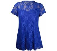 New Womens Floral Lace Short Sleeve Ladies Flower Lined Patterned Stretch T-Shirt Tunic Party Top Plus Size Royal Blue Size 14