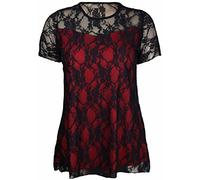 New Womens Floral Lace Short Sleeve Ladies Flower Lined Patterned Stretch T-Shirt Tunic Party Top Plus Size Black & Red Size 22-24