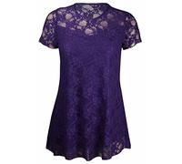New Womens Floral Lace Short Sleeve Ladies Flower Lined Patterned Stretch T-Shirt Tunic Party Top Plus Size Purple Size 22 - 24