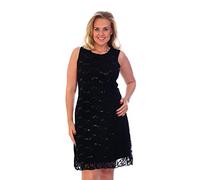 New Womens Floral Lace Sleeveless Scoop Neckline Ladies Layer Lined Sequin Evening Dress Plus Size Black Size 12-14