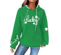 New Women's Hoodies Long Sleeve Tops For St Patrick's Day Hooded Reversible Shamrock Green Pattern Print Waffle Sweatshirts Casual Drawstring Trendy Pullovers T Shirts Holiday Birthday Gifts Sales
