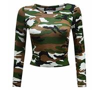 New Womens Ladies Sexy Celebrity Inspired Slim Fit Skinny Crew Round Neck Full Long Sleeve Leopard Camouflage Skull Rose Tartan Print Party Club Night Out Wear Short Crop Top Vest Size 8 10 12 14