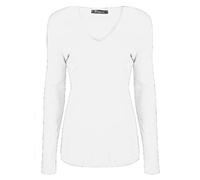 New Women's Long Sleeve V Neck Stretch Jersey Basic Plain Top T-Shirt UK 8-26 (White, UK 12-14 M/L)