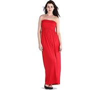 New Womens Plain Long Strapless Elasticated Shearing Ladies Bandeau Shirred Boob Tube Summer Maxi Dress Red Size 12 - 14