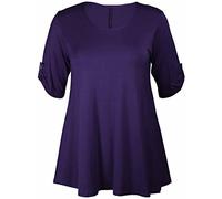 New Womens Plus Size Stretch Fit Round Neck Plain Button Tops Ladies Three Quarter Turn Up Sleeve T-Shirt Top Purple Size 22 - 24