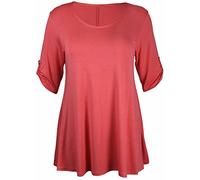 New Womens Plus Size Stretch Fit Round Neck Plain Button Tops Ladies Three Quarter Turn Up Sleeve T-Shirt Top Coral Size 22-24