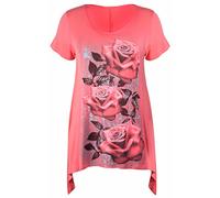 New Womens Plus Size Uneven Hanky Hem Short Sleeve T-Shirt Top Ladies Floral Rose Print Jersey Tunic Coral Size 28-30