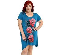 New Womens Plus Size Uneven Hanky Hem Short Sleeve T-Shirt Top Ladies Floral Rose Print Jersey Tunic Turquoise Size 26-28