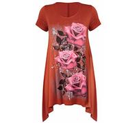 New Womens Plus Size Uneven Hanky Hem Short Sleeve T-Shirt Top Ladies Floral Rose Print Jersey Tunic Rust Size 22-24