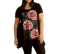 New Womens Plus Size Uneven Hanky Hem Short Sleeve T-Shirt Top Ladies Floral Rose Print Jersey Tunic Black Size 26-28
