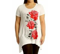 New Womens Plus Size Uneven Hanky Hem Short Sleeve T-Shirt Top Ladies Floral Rose Print Jersey Tunic White Size 18
